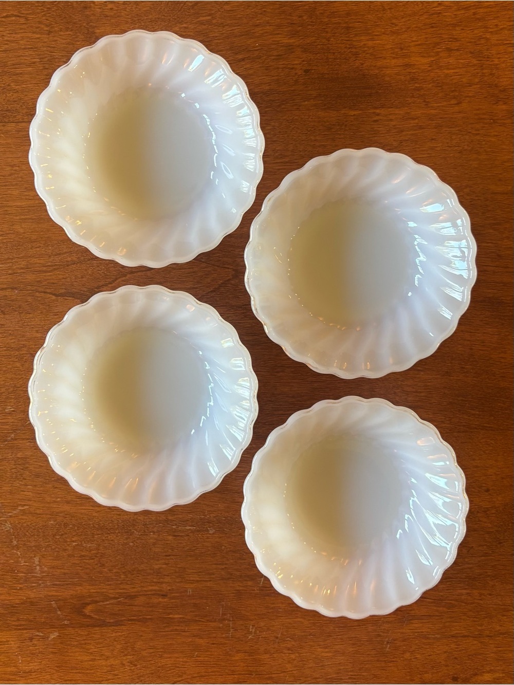 vintage Fire-King Swirl Golden Anniv Milk Glass dessert cups with 22k gold